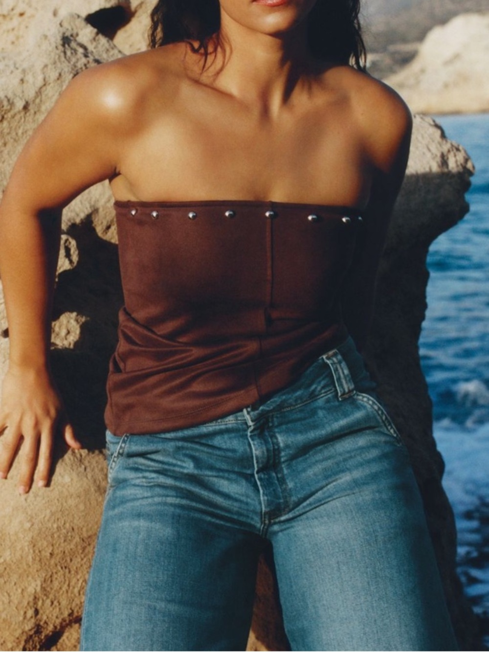 Anthropologie Faux Suede Tube Top Asymmetrical Studded New Medium Brown